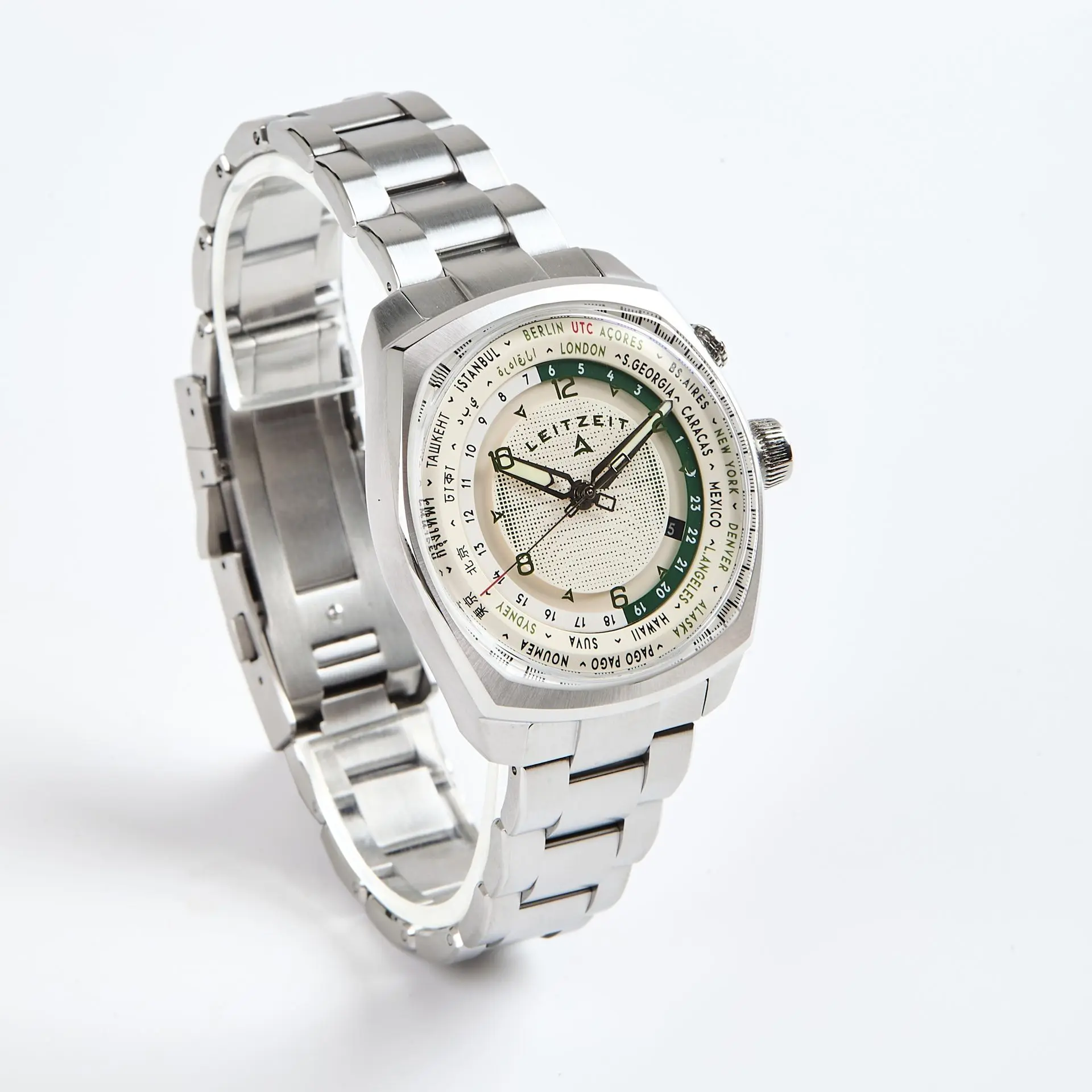 Axis Mundi Worldtimer watch with light dial and stainless steel bracelet