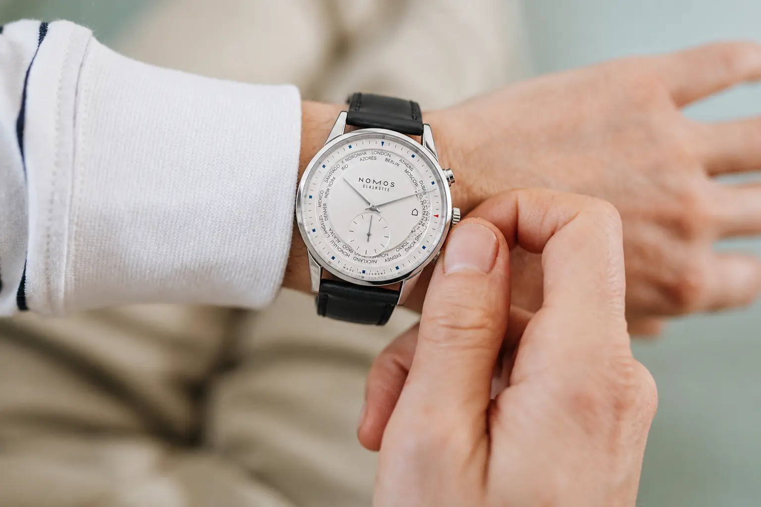 NOMOS Zürich Worldtimer Watch on Wrist NOMOS Zürich Worldtimer watch on wrist with world time dial
