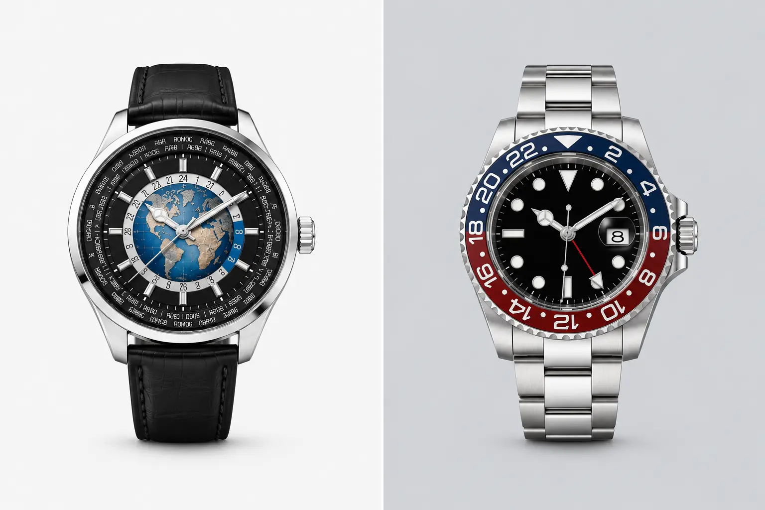 World Time Watch vs GMT Watch Comparison World time watch and GMT watch side-by-side comparison