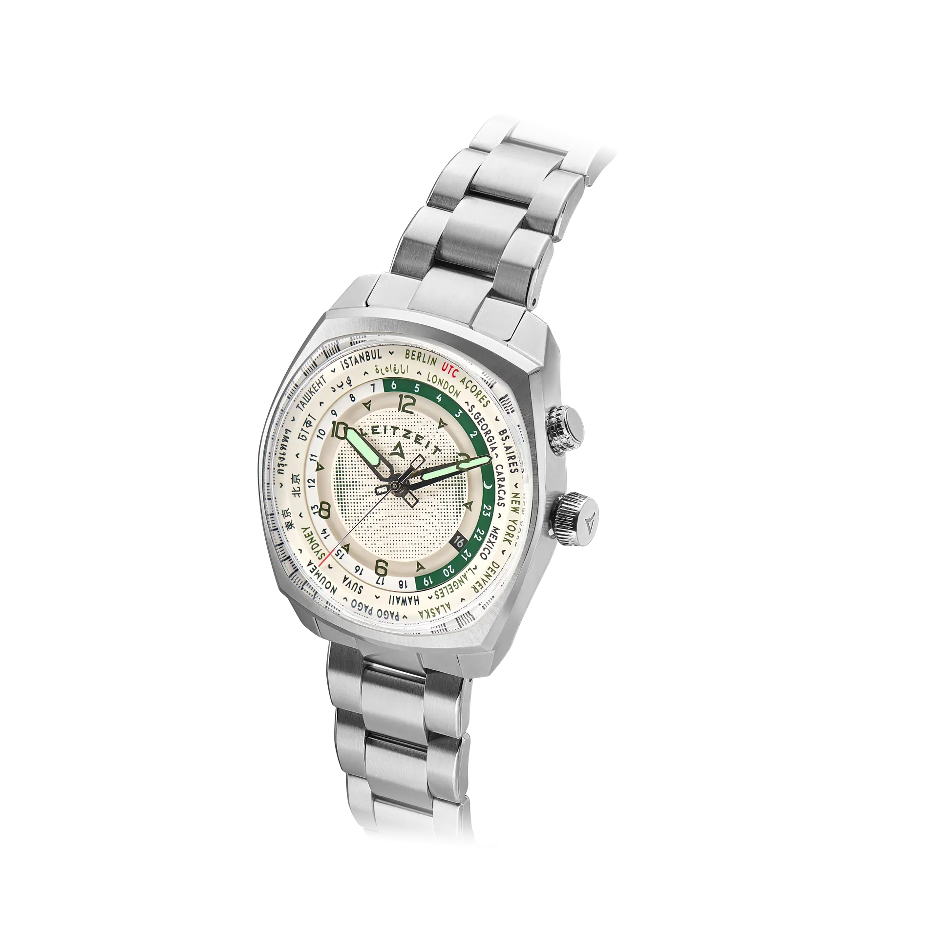 Axis Mundi Worldtimer automatic watch in Terra Beige with stainless steel bracelet