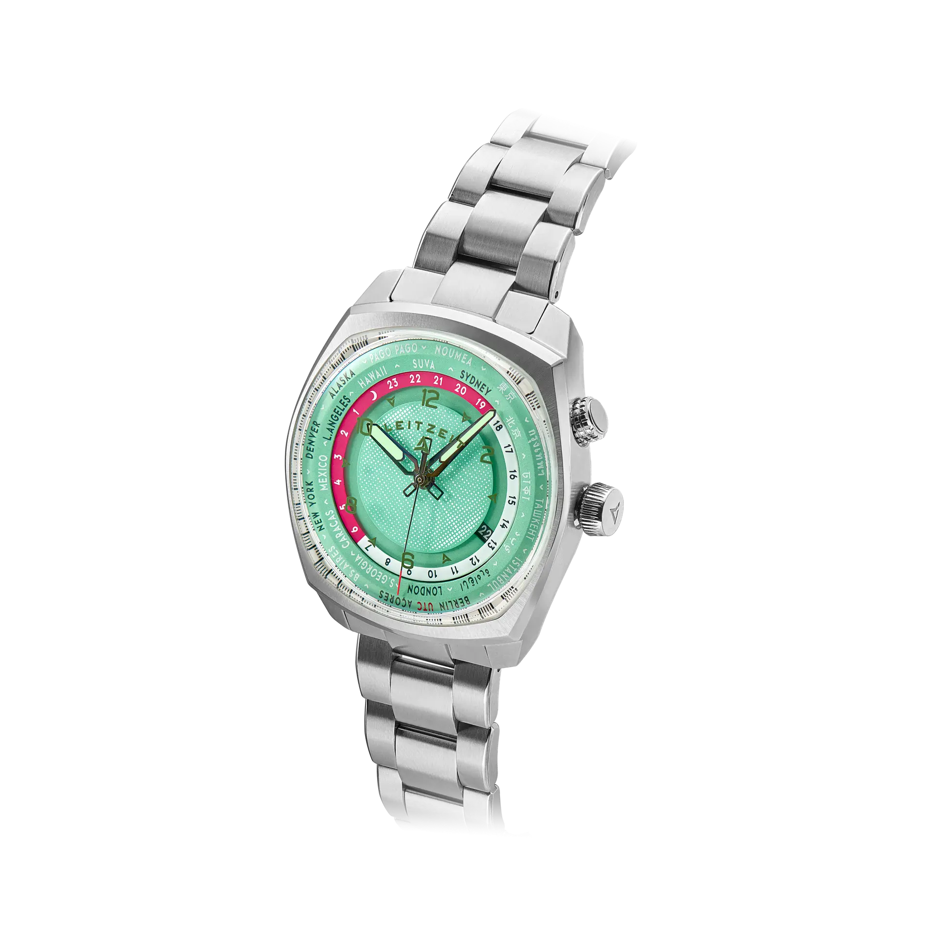 Axis Mundi Worldtimer automatic watch in Tropic Green with stainless steel bracelet