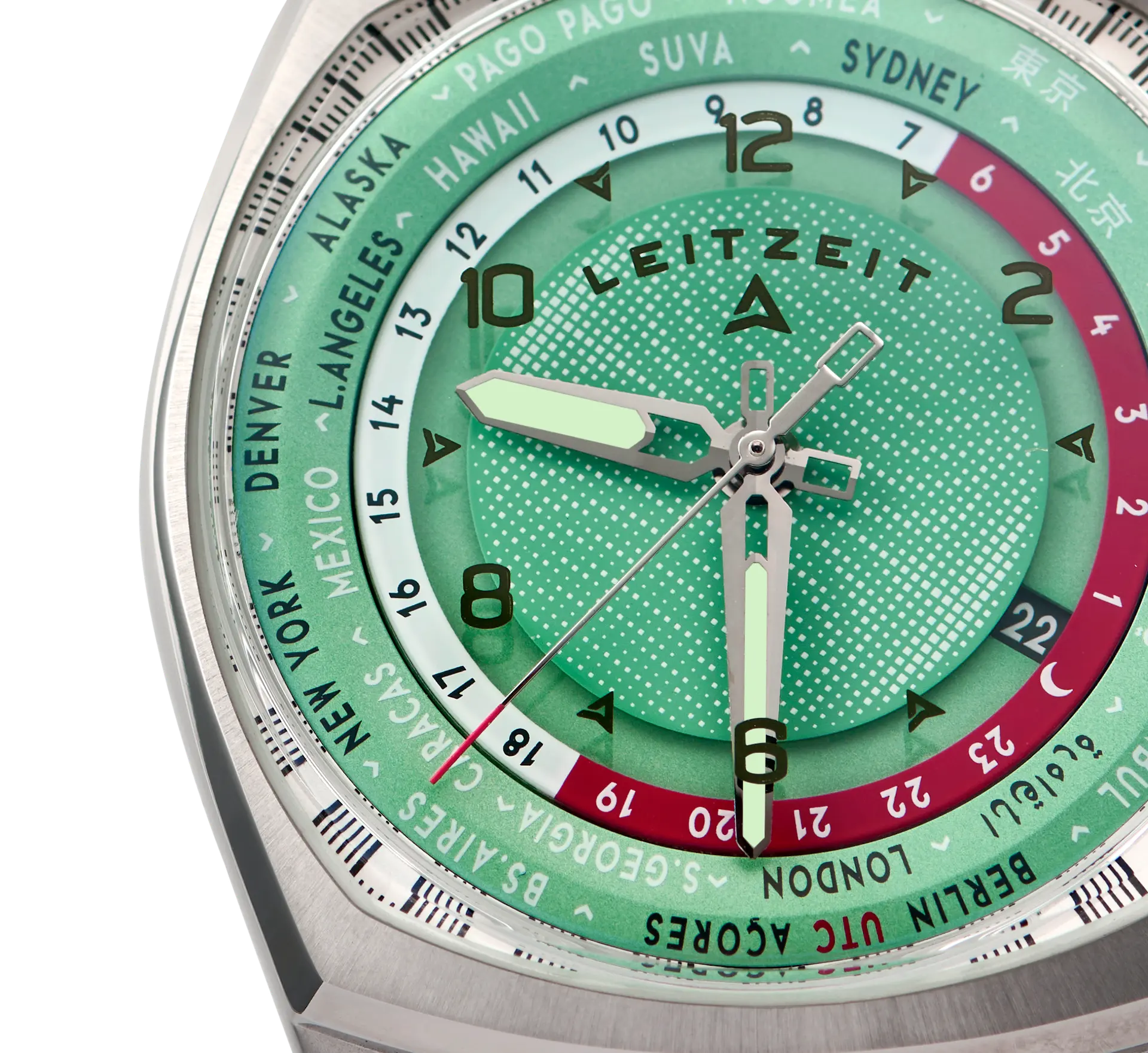 Axis Mundi Worldtimer Tropic Green dial with 24 time zones and world city ring