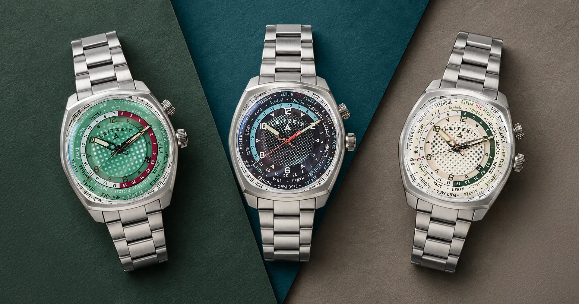 Axis Mundi Worldtimer watches in Tropic Green, Slate Grey and Terra Beige