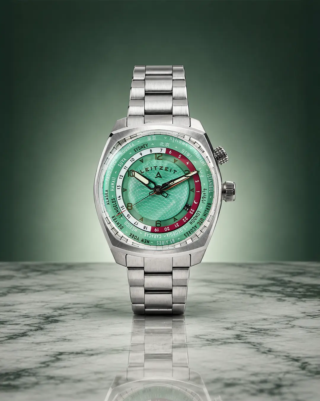 Axis Mundi Worldtimer Tropic Green automatic watch with stainless steel bracelet