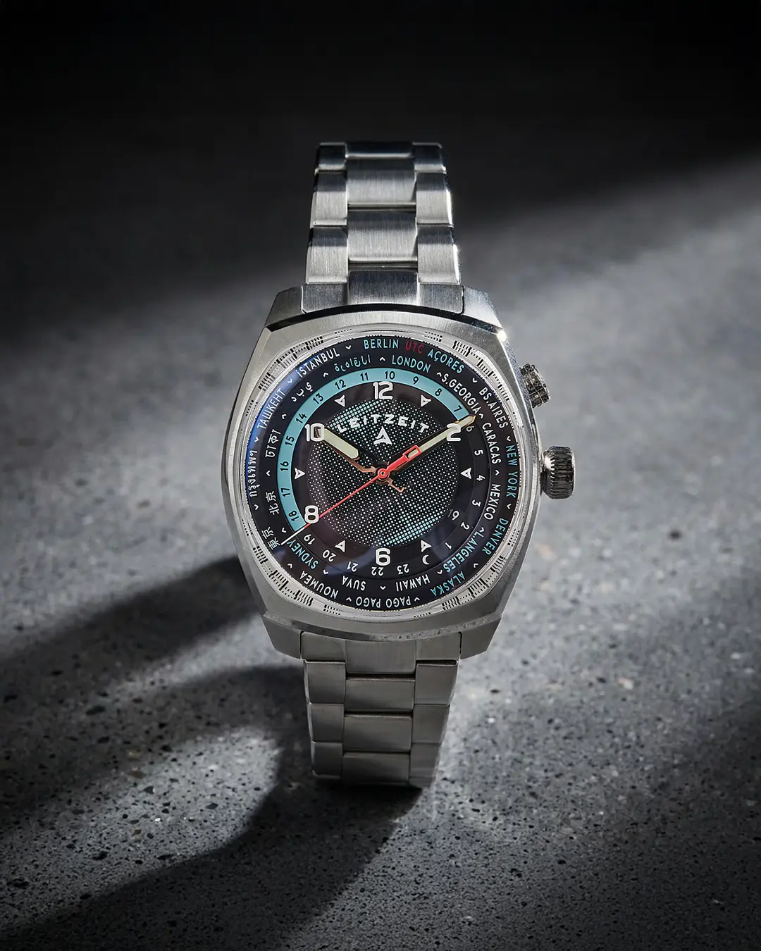 Axis Mundi Worldtimer Slate Grey automatic watch with stainless steel bracelet