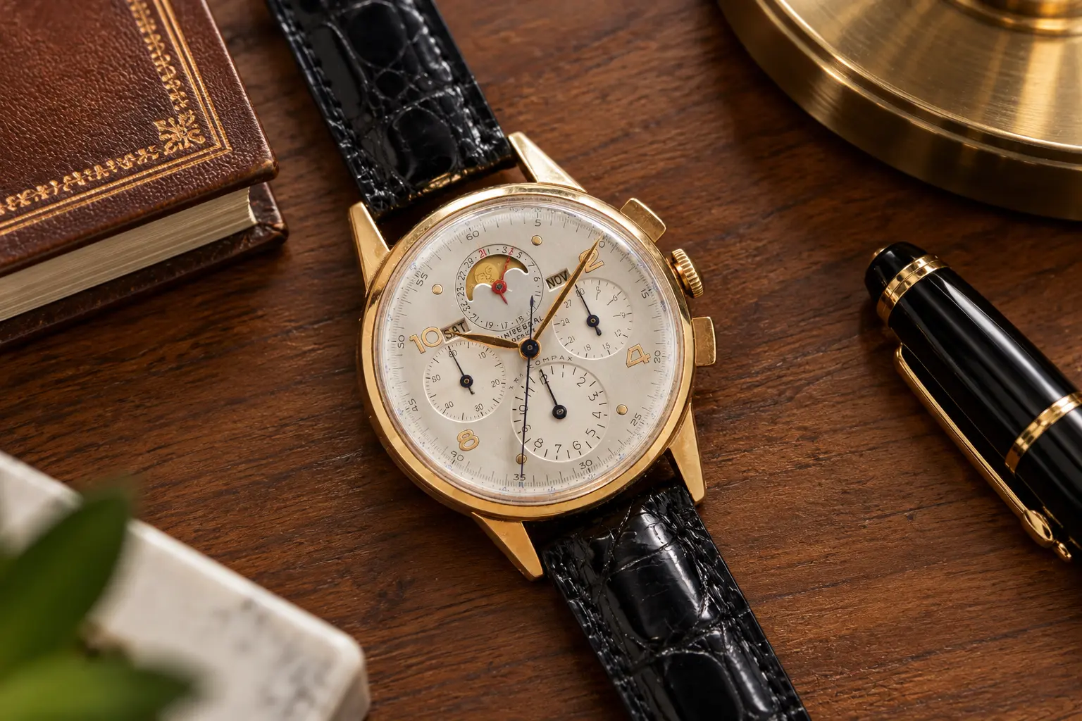 Universal Genève Tri-Compax chronograph watch on a wooden desk