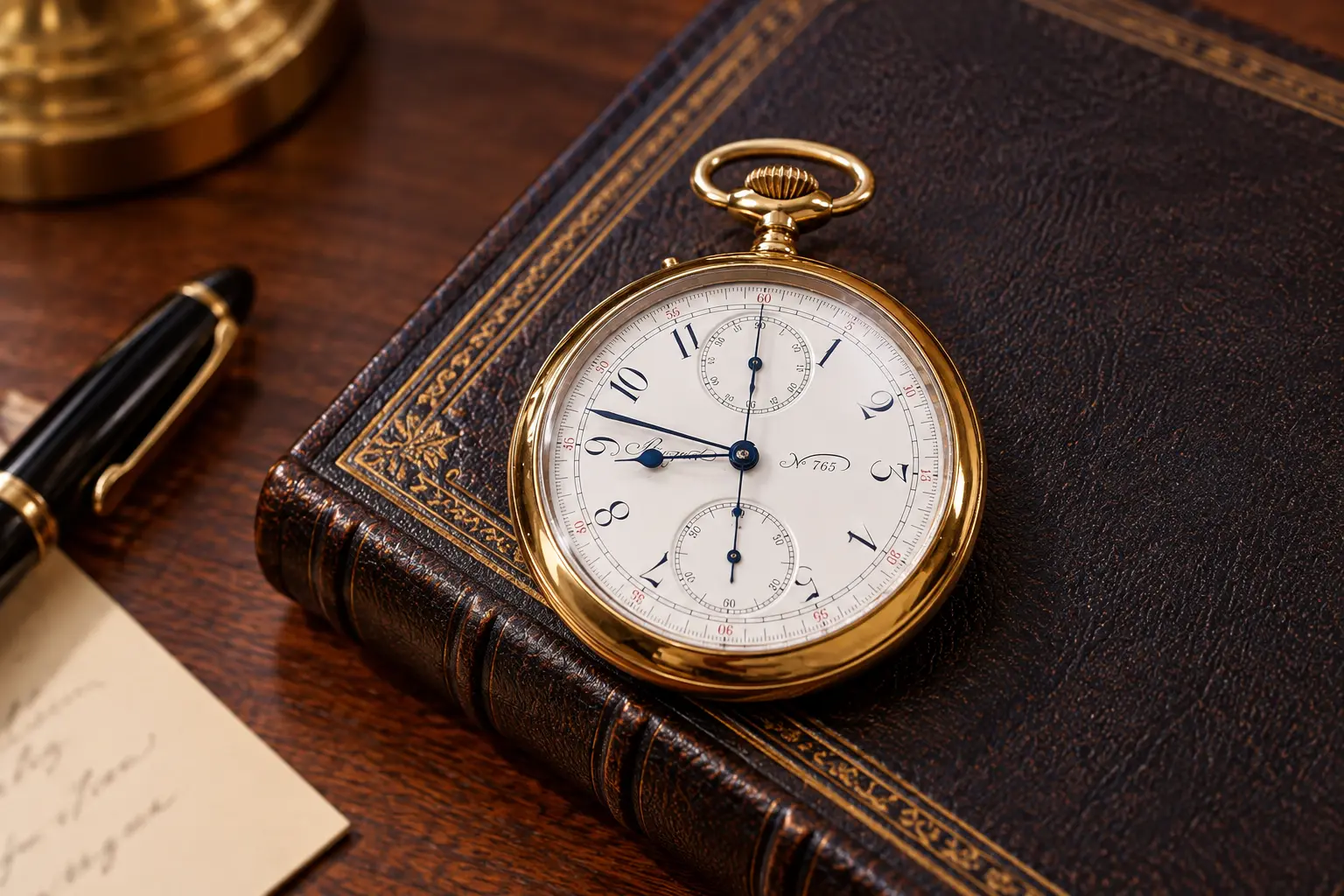 Breguet No. 765 gold pocket watch on an antique leather book