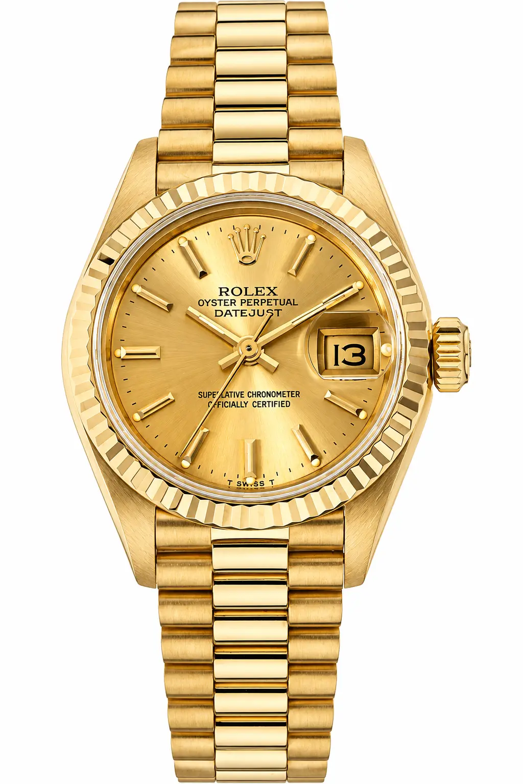 Gold Rolex Datejust with fluted bezel and President bracelet