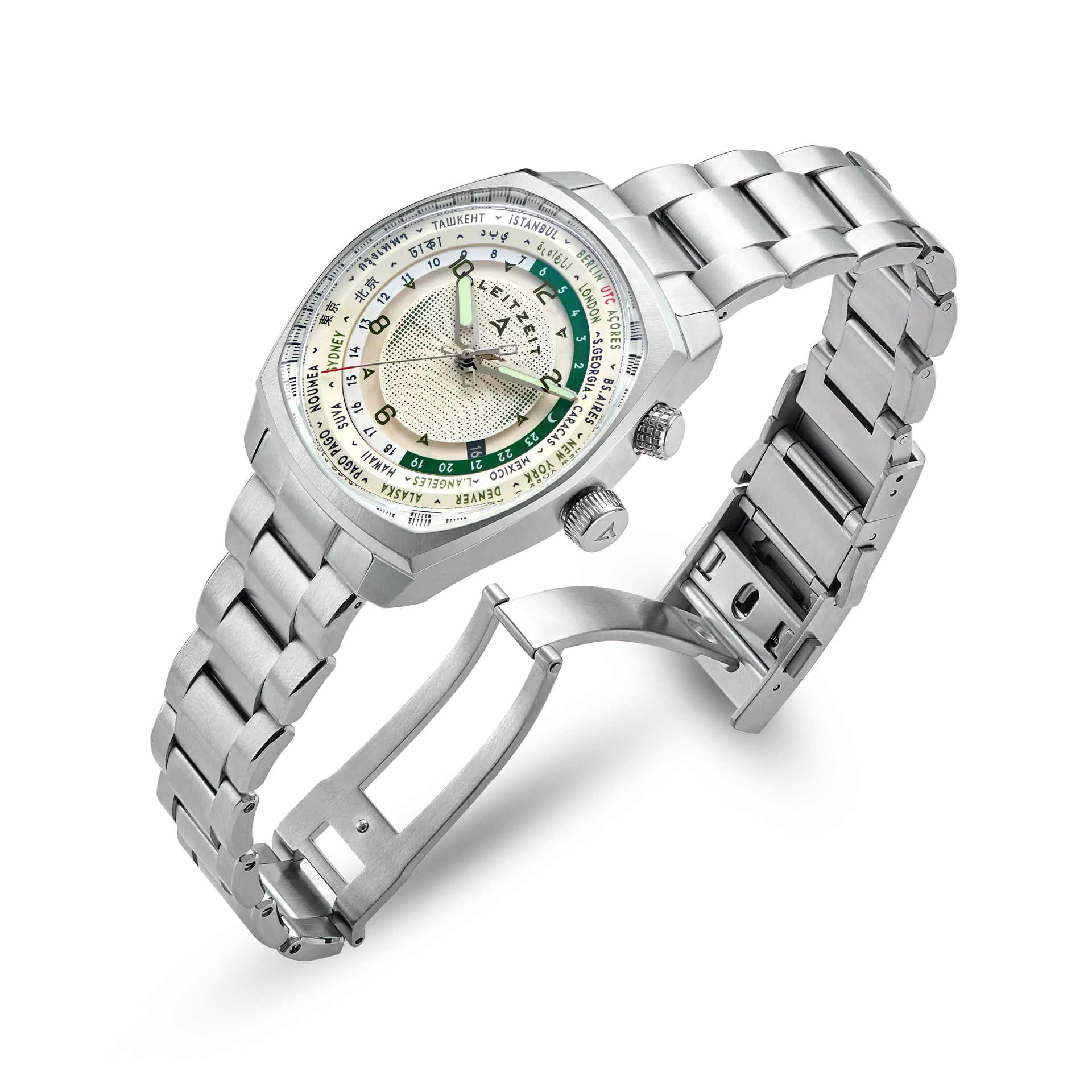 Leitzeit Axis Mundi world timer watch with a silver stainless steel bracelet, cream dial, and green 24-hour ring.