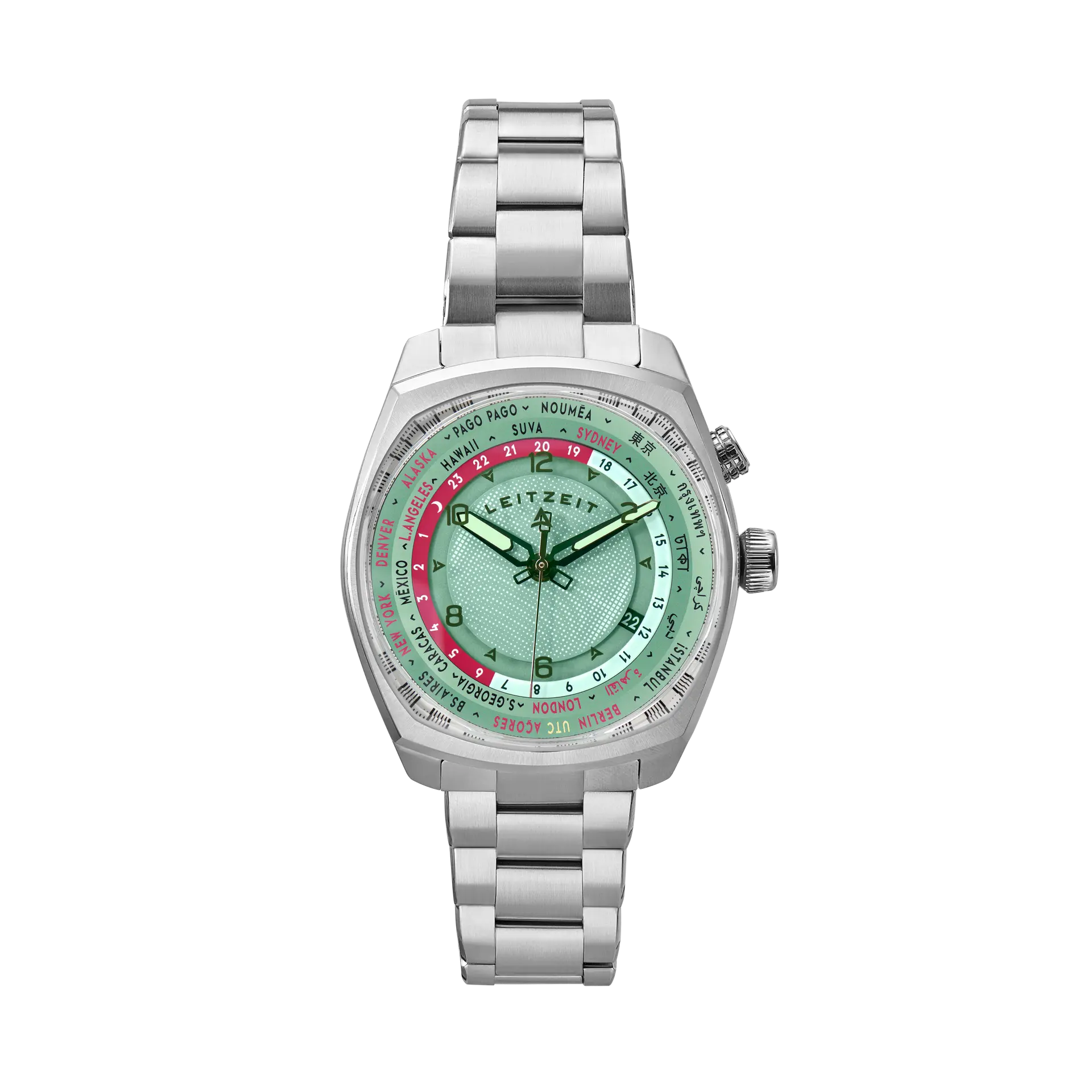 Leitzeit Axis Mundi world timer watch with a stainless steel bracelet, green dial, and multiple time-zone markings.
